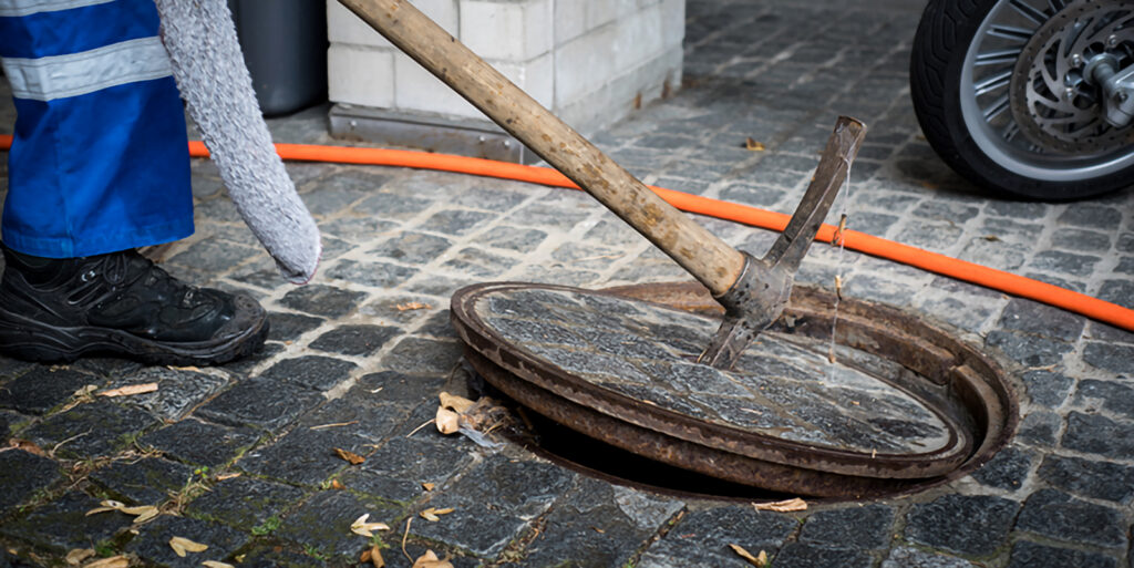 Les regards et les conduites d'eaux usées doivent être entretenus régulièrement, car sans nettoyage des écoulements ni entretien de la canalisation, on risque d'être confronté à de mauvaises surprises. — Aspiration de la grille d'évacuation, vidange du regard.